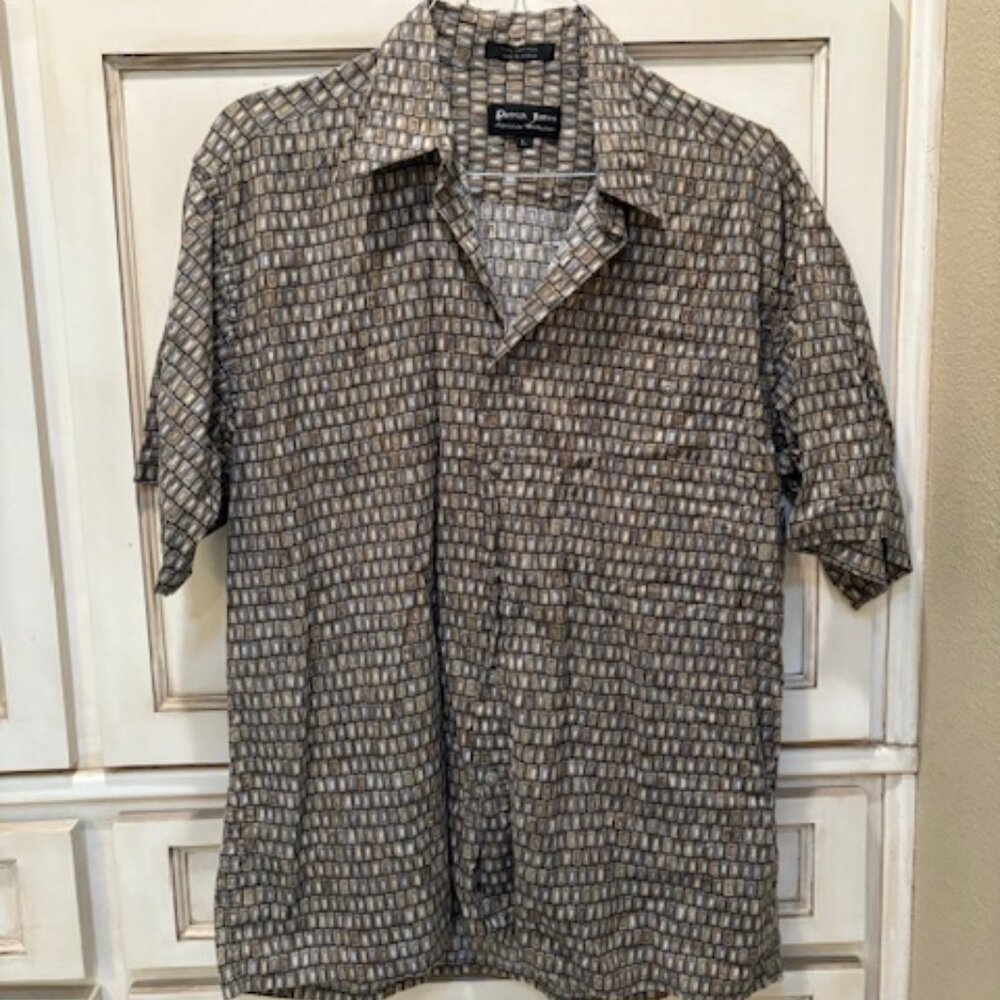 Patrick James Men's Short Sleeve Button Down Shirt; Beige and Brown; Size Large